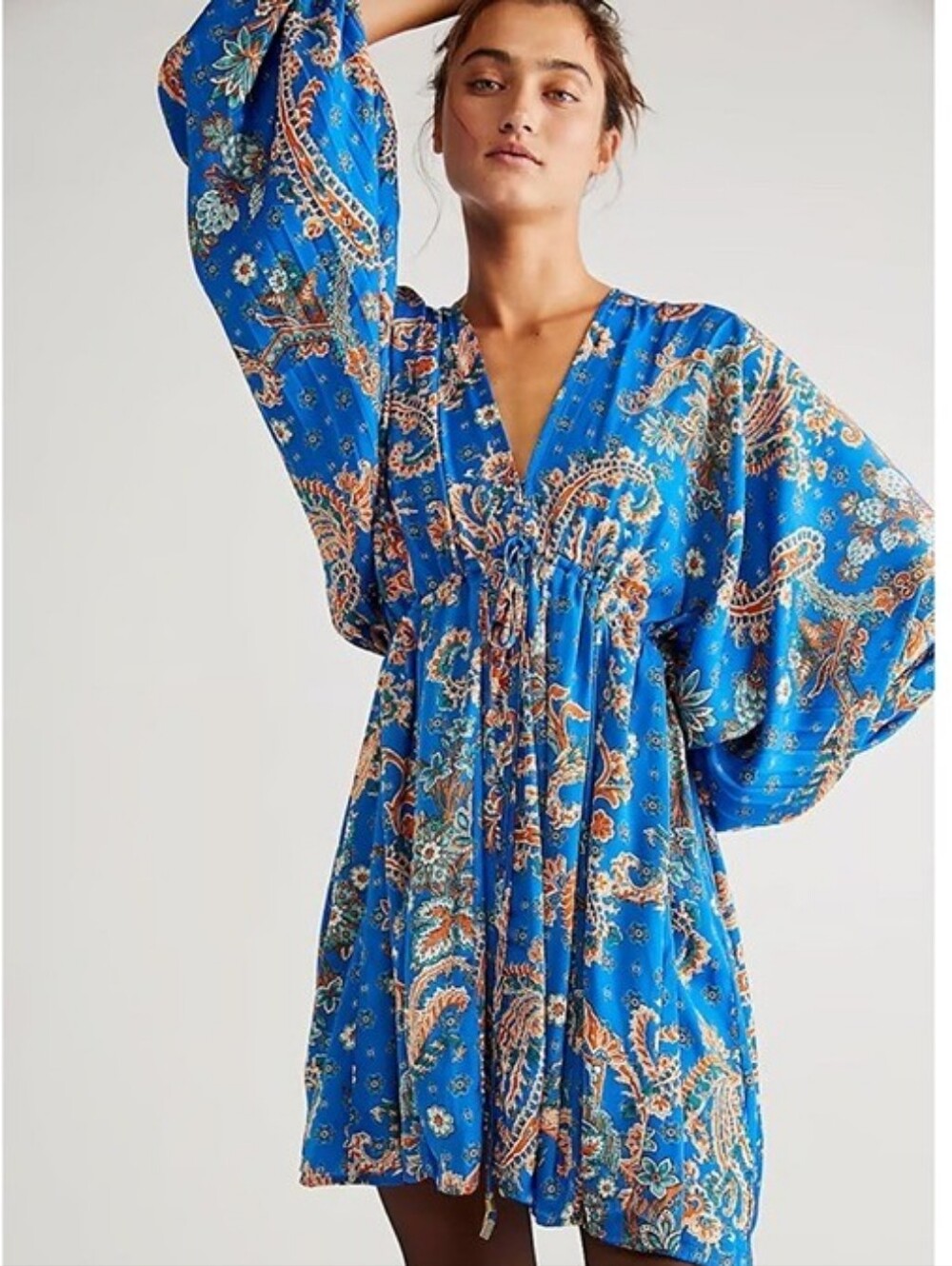 Free People Arzel Blue Paisley Boho Tie-Front Dress